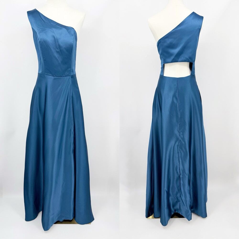 Blue Satin One Shoulder Maxi Gown Open Back Cutout Formal 8 Elegant Bridesmaid - Picture 2 of 8